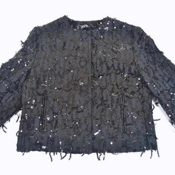 NEW ZARA SEQUIN FRINGE JACKET, MEDIUM - Picture 8 of 11